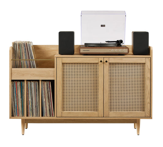 Crosley Furniture Maeve Record Player Cabinet, Vinyl Storage, Rattan Turntable Stand for Records, Ash