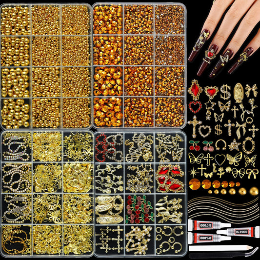 LERBOU Gold Nail Charms and Gems Set, 4 Boxes DIY Nail Decorations Kit, Gold 3D Cross Flowers Nail Art Charms, Champagne Rhinestones Gems Charms Y2K for Nails, Cool Punk Style Nail Charms