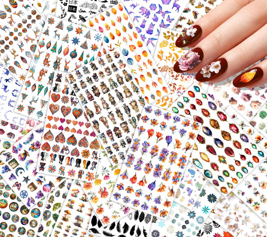 30 Sheets Nail Stickers Collection ~ Bright Floral Garden ~ Mixed Flowers Leaves Hearts and Decorative Elements in Vibrant Detailed Style Creating Fresh Lively Manicure Decals