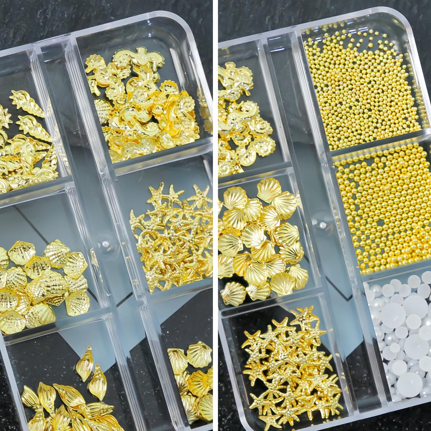 SHUXILIN 2Boxes Summer Steel Studs Metal Pearls Nail Gems Charms Metal Small Seashell Starfish Alloy Seahorse Nail Rhinestones Charms for Acrylic Nail Art Marine Theme Nail Supplies for Women Manicure