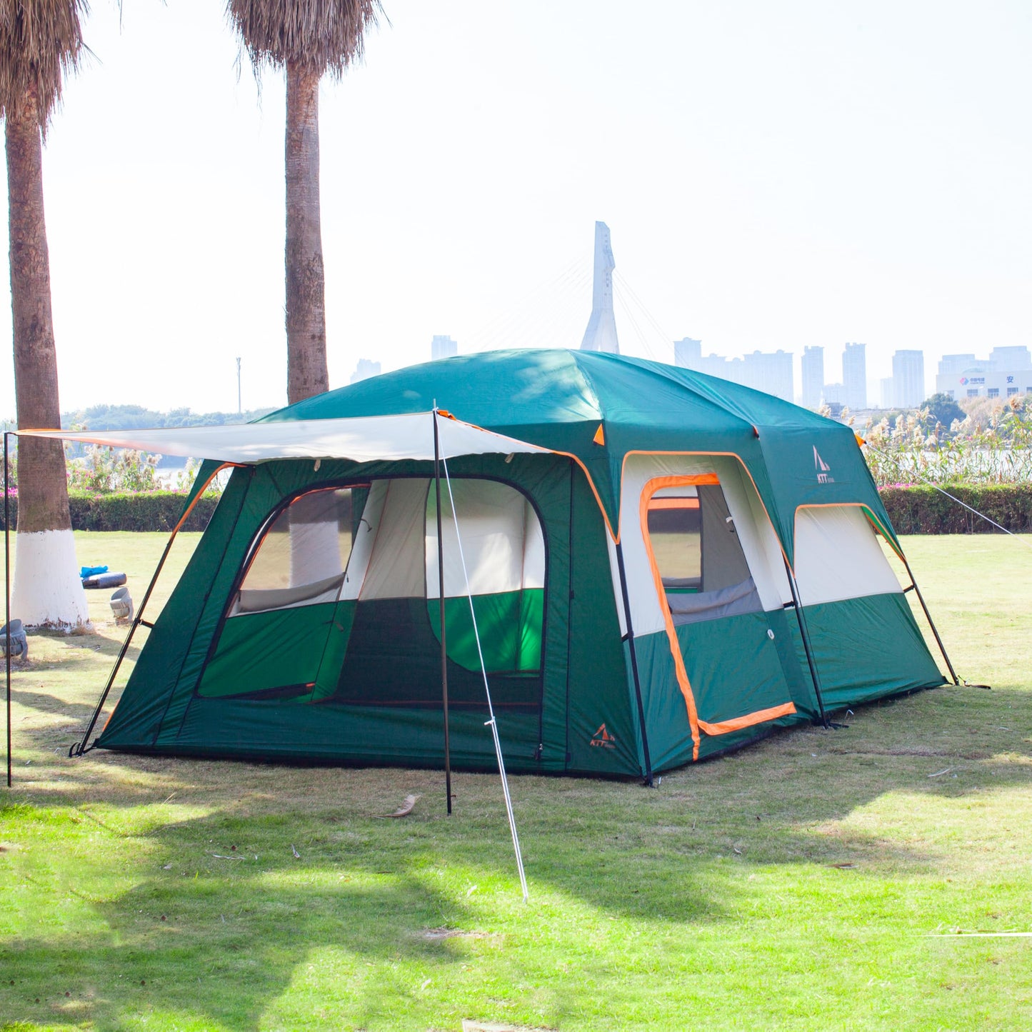 KTT Extra Large Tent 10-12 Person(B),Family Cabin Tents,2 Rooms,3 Doors and 3 Windows with Mesh,Straight Wall,Waterproof,Double Layer,Big Tent for Outdoor,Picnic,Camping,Family Gathering(Green)