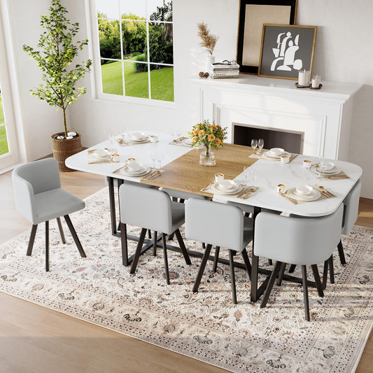 KEIKI 79" Dining Table Set for 8, Rectangular Kitchen Table Set with White Faux Marble & Wood Grain Top, Modern Dining Room Set with 8 Gray PU Leather Chairs, Large Family Dining Table Furniture