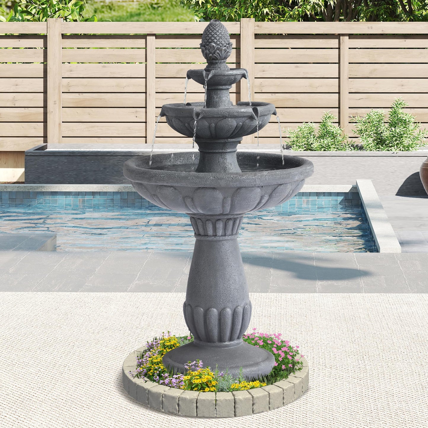 GIODIR 40.6" High Large Italian Outdoor Water Fountain, 3-Tier Standing Bubbler Waterfalls Fountain with Pineapple Top and Roman Pillar, Resin Garden Water Fountains for Bird Bath Patio Yard Deck