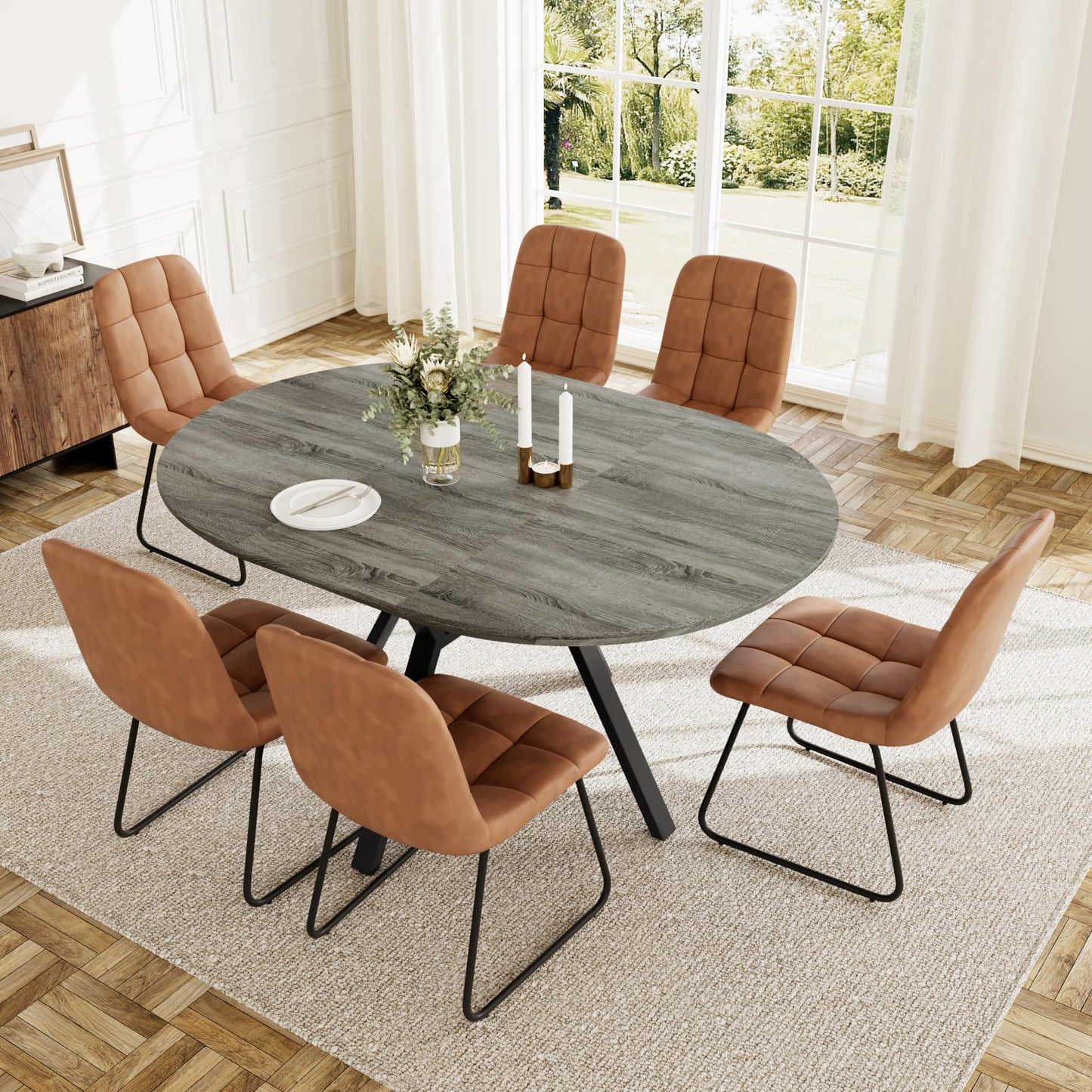 HIPIHOM Extendable Round Dining Table Set for 6 People, 43.3"-59.1" Extendable Kitchen Table with 6 Upholstered Chairs, Space Saving for Kitchen Dining Room (Grey Table+6 U-Shaped Brown Chairs)