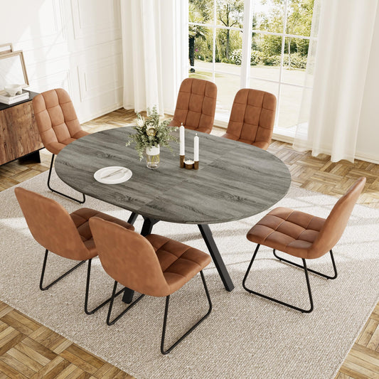 HIPIHOM Extendable Round Dining Table Set for 6 People, 43.3"-59.1" Extendable Kitchen Table with 6 Upholstered Chairs, Space Saving for Kitchen Dining Room (Grey Table+6 U-Shaped Brown Chairs)