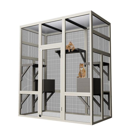 70" Large Outdoor Catio Cat Enclosure, Wood Cat Patio with Waterproof UV-Resistant Roof, Cats Shelter with 5 Platforms and 2 Resting Box, and Secure Rust-Proof Wire for Backyard or Patio