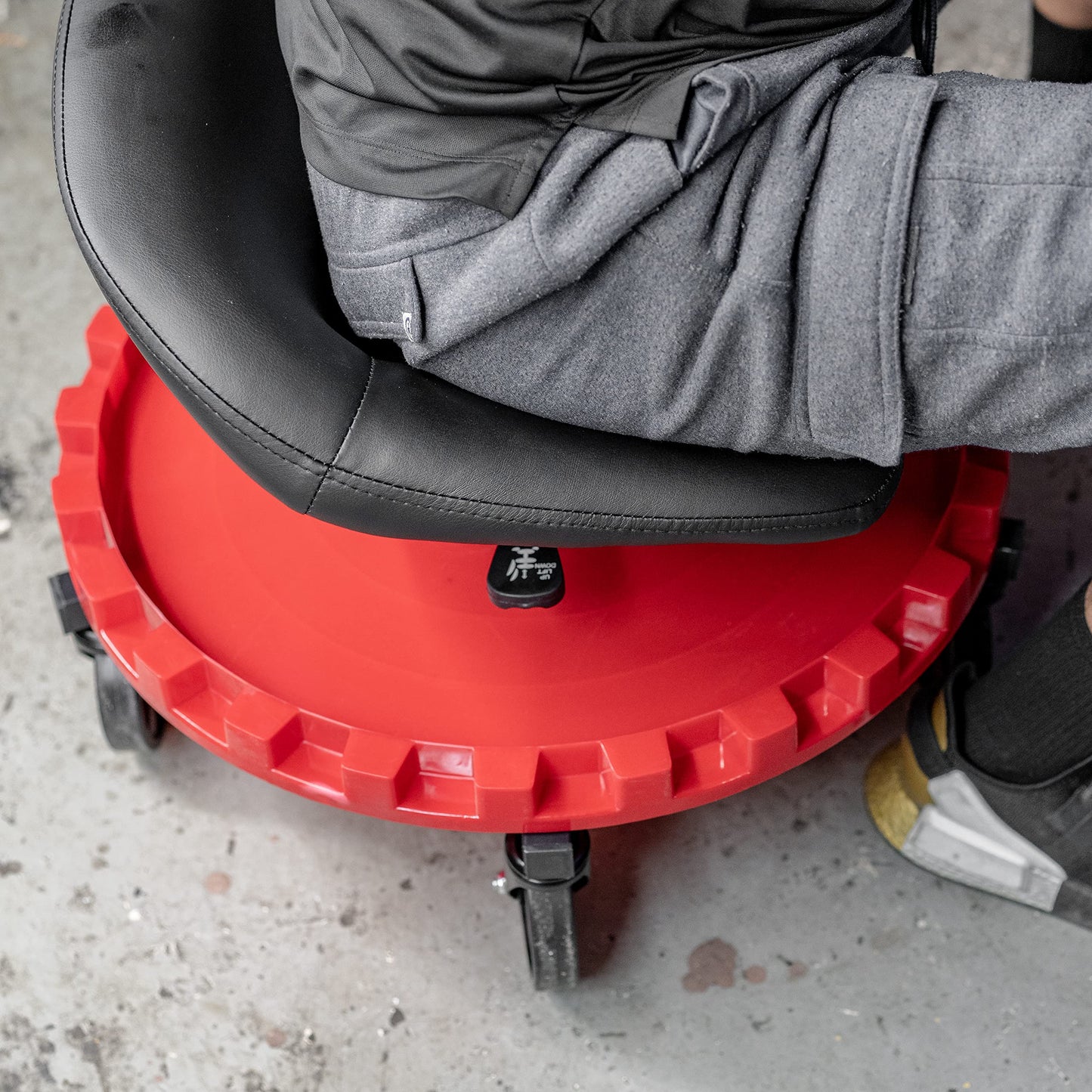 Traxion 2-230 Monster Rolling Padded Mechanic Stool Seat Garage Shop Roller Work Chair with Wheels and Tool Tray, Heavy-Duty 400-lb Capacity, All-Terrain 5" Casters, Black Red