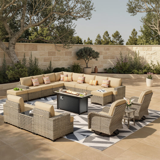 HOOOWOOO Sectional Patio Furniture Set with Fire Pit Table,17 Pieces Wicker Outdoor Furniture L Shaped Couch,Outside Conversation Set Extra Deep Sofa Wide Arm Swivel Chairs Ottoman Solar Light,Beige