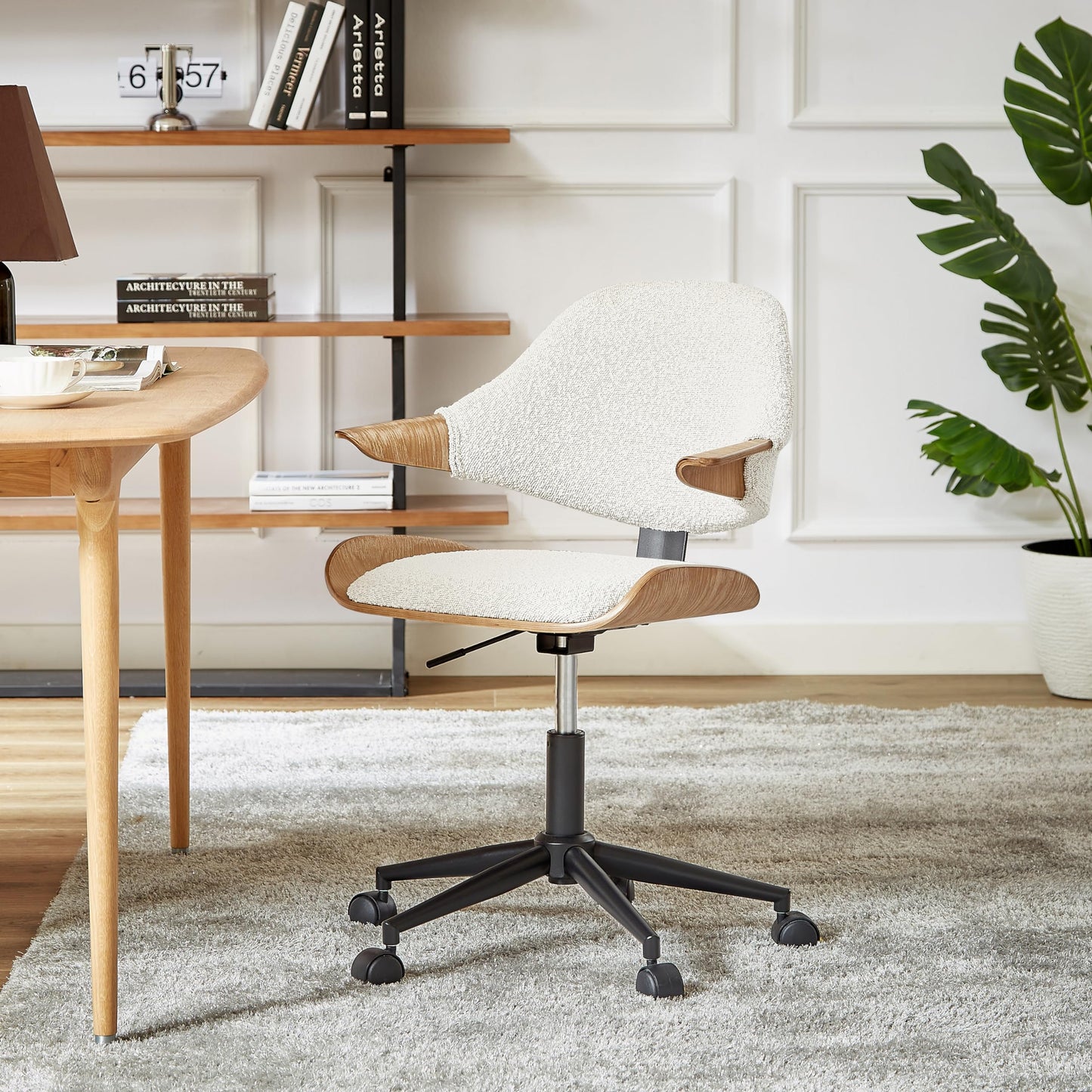 Art Leon Swivel Desk Chair, Mid Century Modern Office Chair with Wheels, Boucle Fabric Upholstered Arm Chair, Adjustable Height Task Chair with Metal Base, Washed Oak Bentwood, White