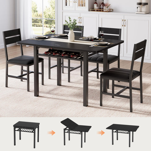 MapleGrace Dining Table Set for 4, Extendable Kitchen Table with 4 PU Leather Upholstered Dining Room Chairs, Wood Kitchen Table Set with Built-in Storage Rack for Dining & Small Spaces, Black