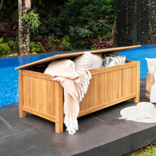 Cambridge Casual Arie 48-Inch Teak Outdoor Deck Box Storage Chest – Weather-Resistant Patio Organizer with Soft-Close Lid for Pool or Garden Storage, 49 Gallons