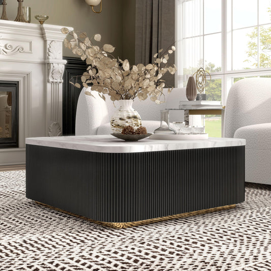 Furniture of America Beryl Modern Square White Genuine Marble Top Coffee Table with Fluted Pedestal Base and Gold Stainless Steel Accent, Low Profile Table for Living Room, Home Office, Black