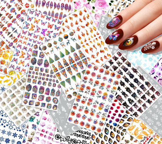30 Sheets Nail Stickers Collection ~ Tech Abstract ~ Futuristic Devices Patterns Butterflies Trees and Geometric Elements in Colorful Detailed Style Creating Modern Unique Manicure Decals