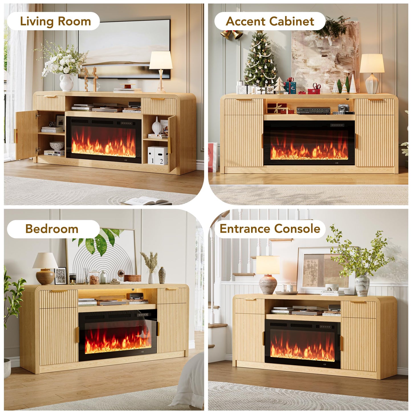 Decofy 70" Fluted Fireplace TV Stand for 80" TV, TV Console Cabinet with Wavy Grain Doors & Adjustable Shelves, Remote & Touch Control Adjustable LED Light, Flame Colors&Temperature for Living Room