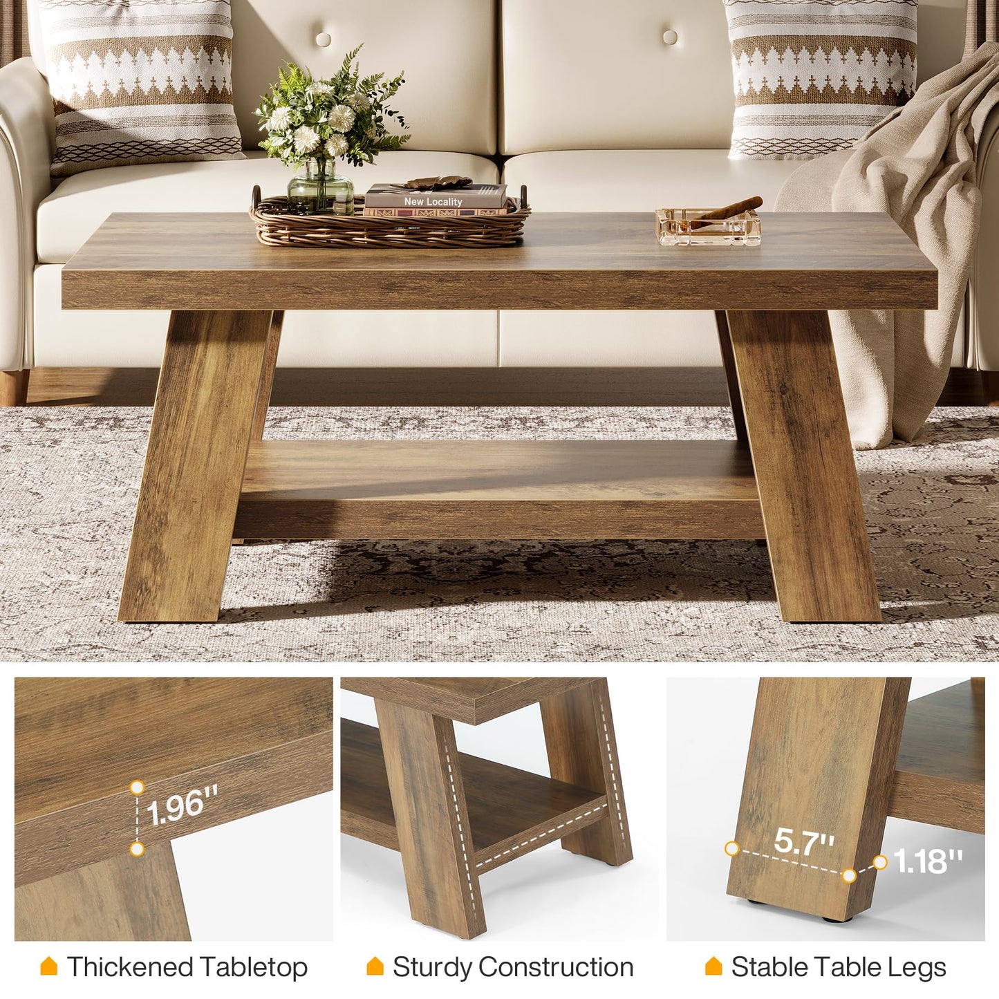 Tribesigns Farmhouse Coffee Tables for Living Room, 47.24" Rectangle Coffee Tables with Storage Shelves, Rustic Wooden Center Table for Apartment, Home Office (Rustic Brown)