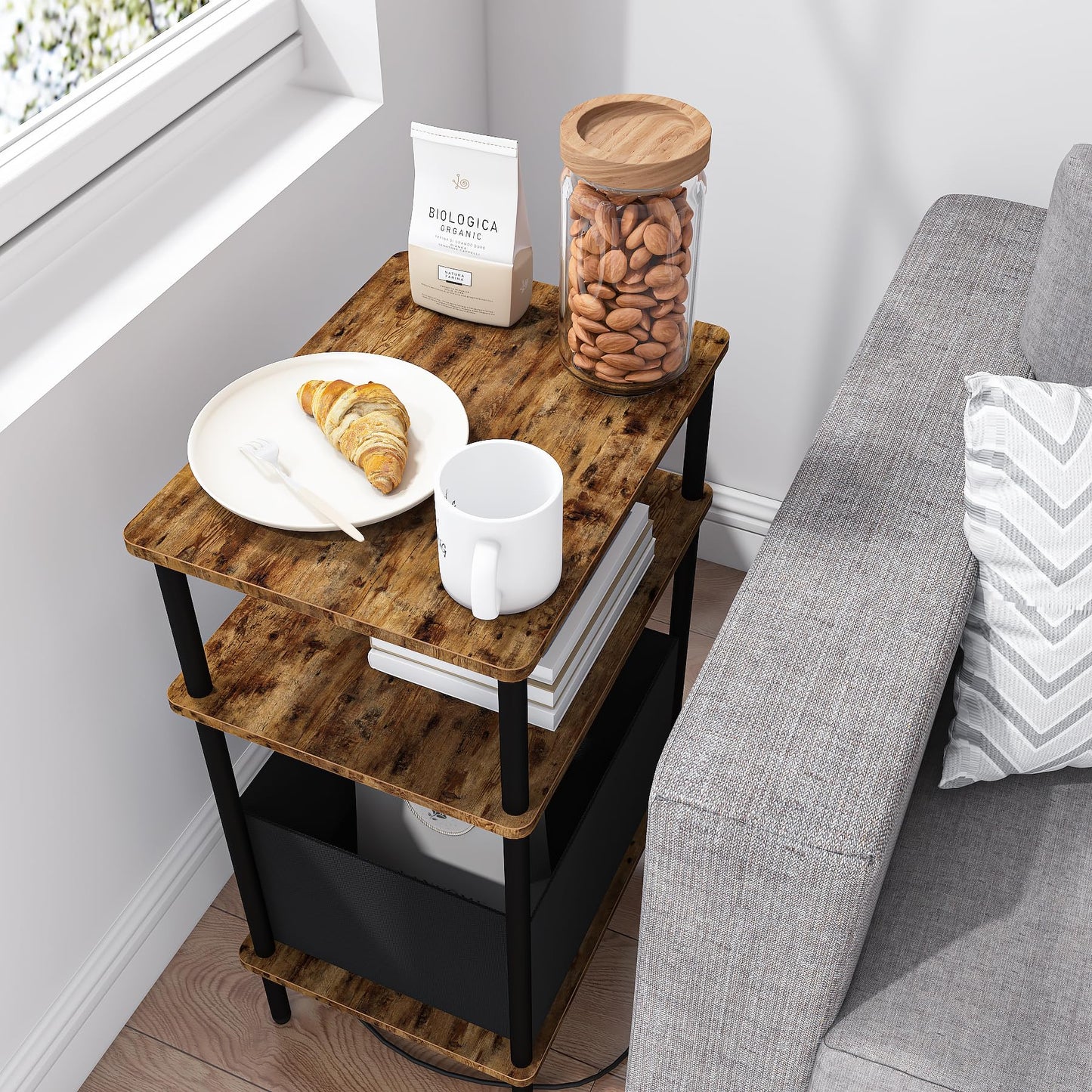 Newmics Small Side Table with Charging Station, End Table for Small Spaces, Slim Nightstand with Outlet,Sofa Beside Table, 3-Tier Storage Shelf,Living Room, Bed Room, Rustic Brown