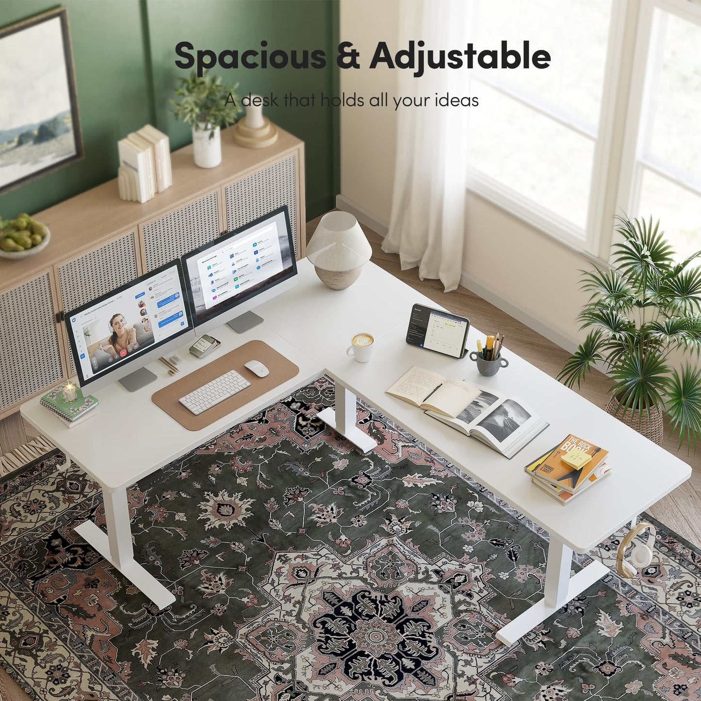 CubiCubi L Shaped Standing Desk 63 x 55 Inch Adjustable Height, Electric Corner Desk, Sit Stand Home Office Desk with Splice Board, White
