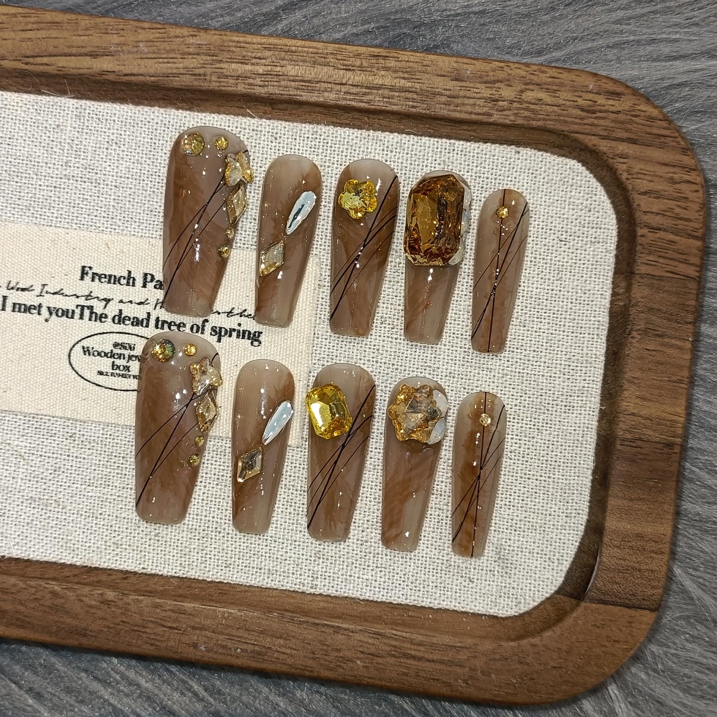 TENPAL 10PCS Long Coffin Press on Nails with Tools Kit - Autumn Woodland Hand-Painted Design Fake Nails | Rustic Brown Gold Leaf & Crystal Glue on Nails | Long Fall Nails for Sweater Weather(XS)