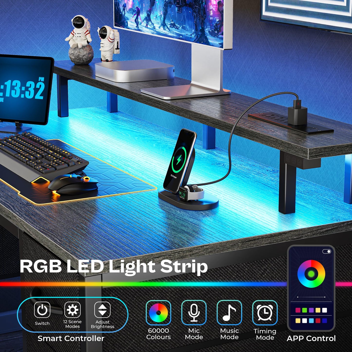 Huuger 47 inch Computer Desk with 4 Drawers, Gaming Desk with LED Lights & Power Outlets, Home Office Desk with Large Storage Space for Bedroom, Work from Home, Grey