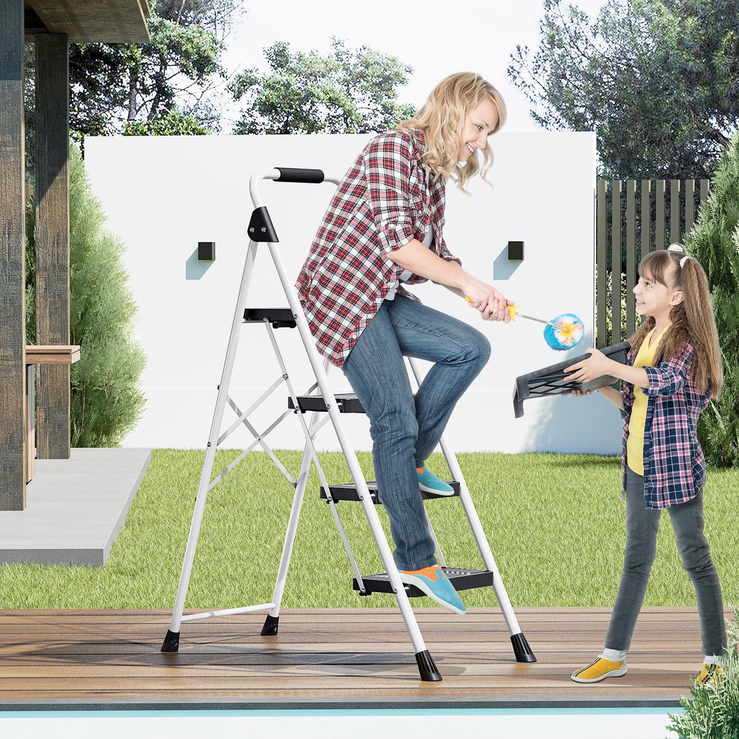 KINGRACK 4 Step Folding Ladder, 800lbs Capacity Step Stool with Safety Lock, Non-Skid Wide Pedals, and Handrail, Lightweight, Household Ladder for Home, Kitchen, Pantry, Closets, and Office Use, White