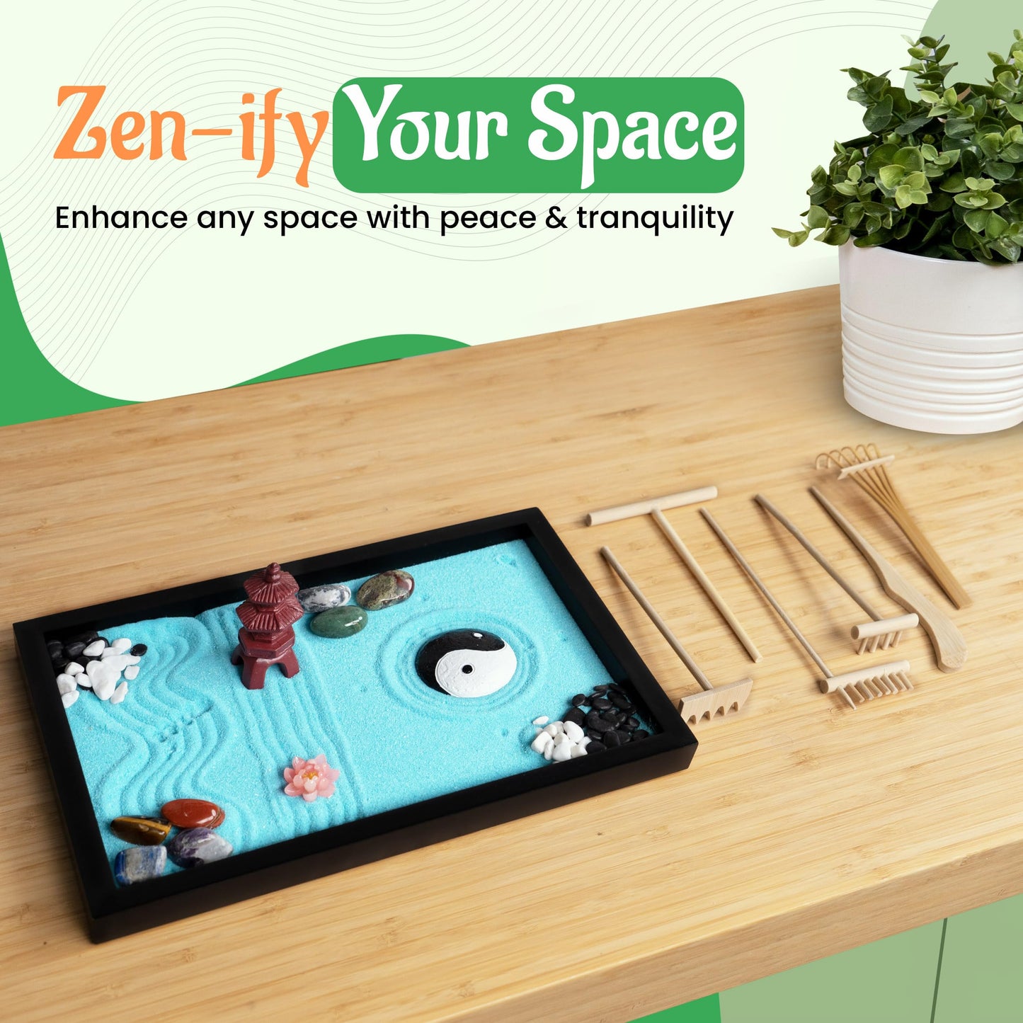 D DIVINIFIED Zen Garden for Desk, Sand Tray Therapy Kit, Therapy Office Decor, 11x8-11 Japanese Desktop Zen Garden Accessories and Meditation Accessories for Home and Office Relaxation