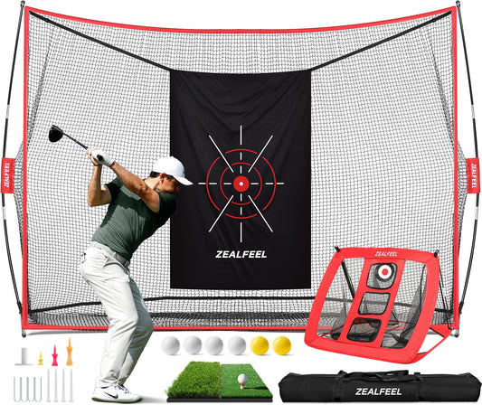 ZEALFEEL Golf Net, 10x7ft Practice Net with Chipping Net, Foldable Mat, Silk Target, 8 Tees, 6 Balls, Carry Bag, Golf Hiting Nets for Backyard Driving Chipping Indoor Outdoor Use