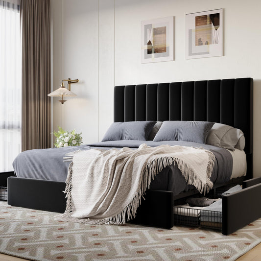 SHA CERLIN Queen Size Platform Bed Frame with 4 Storage Drawers, Vertical Channel Tufted Adjustable Headboard, Velvet Upholstered, Wooden Slats Support, No Box Spring Needed, Easy Assembly, Black