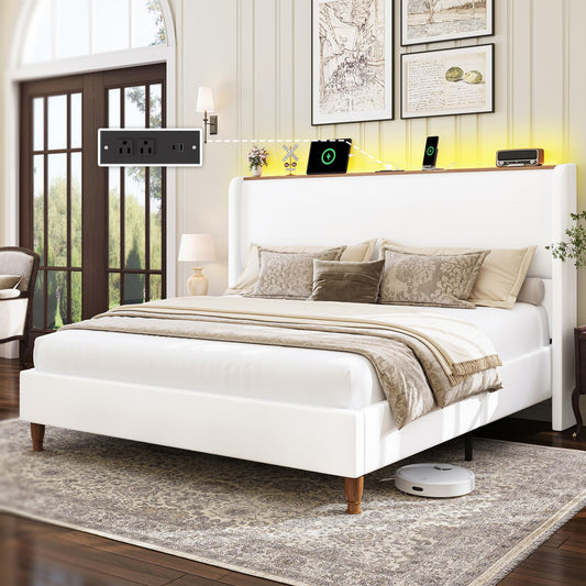 LARMACE Queen Size Bed Frame with LED Lights and Charging Station Linen Upholstered Platform Bed Frame with 51.2" Tall Headboard Wingback and Storage Shelf, No Box Spring Needed, Noise Free, Cream