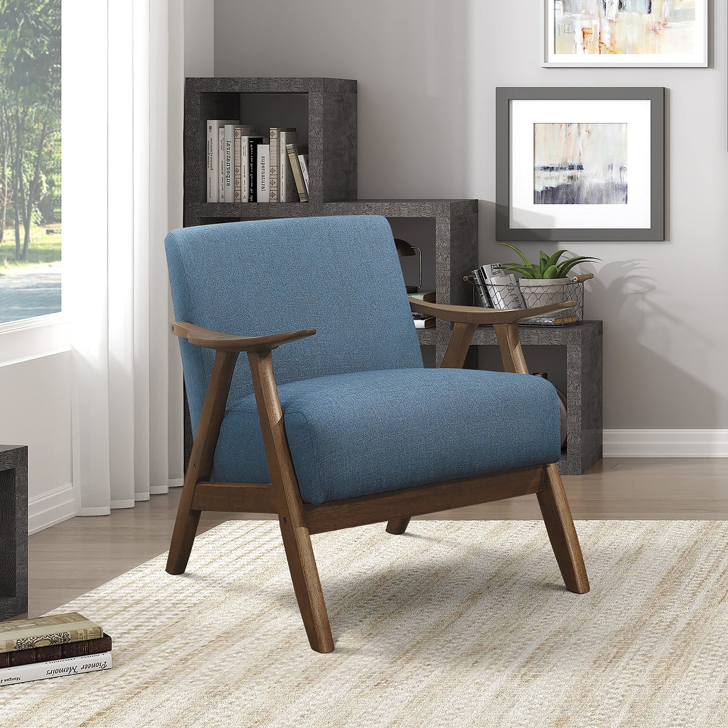 Lexicon Mid Century Modern Accent Chair with Solid Wood Frame in Walnut Finish, Upholstered Living Room Lounge Arm Chair, Thick and Comfy Innerspring Seat Cushion, Linen-Look Fabric, Blue