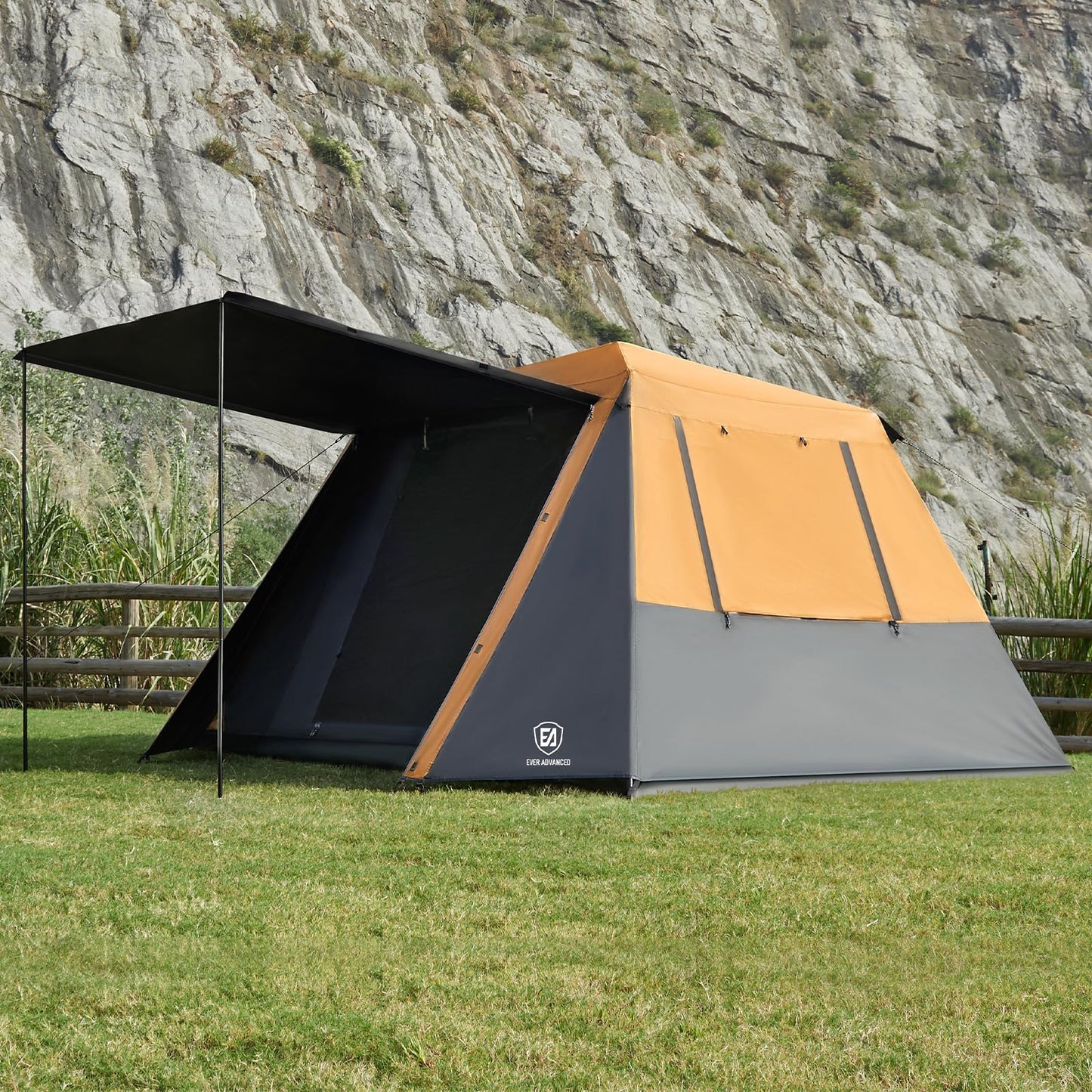 EVER ADVANCED Blackout Design 6 Person Camping Tent, Instant Cabin Tent for Family with Vestibule and Large Mesh Windows, 60s Easy Setup, Double Layer, Water-Resistant, Orange&Black