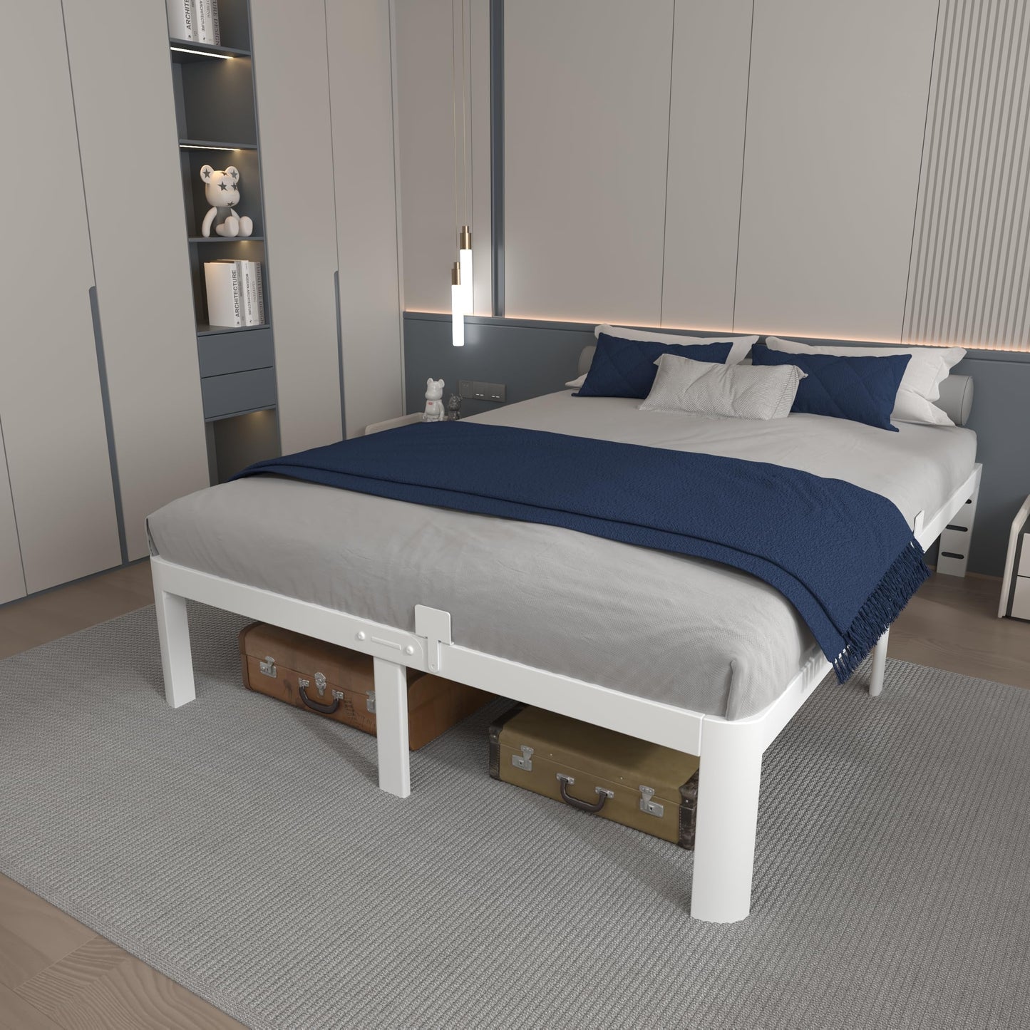 KOSOSO 12 Inch King Size Bed Frame with Metal Gaskets, White Bed Frame King Size No Box Spring Needed, Heavy Duty Steel Platform Support, Round Corner Design, Reserved Holes, Noiseless, Storage Space