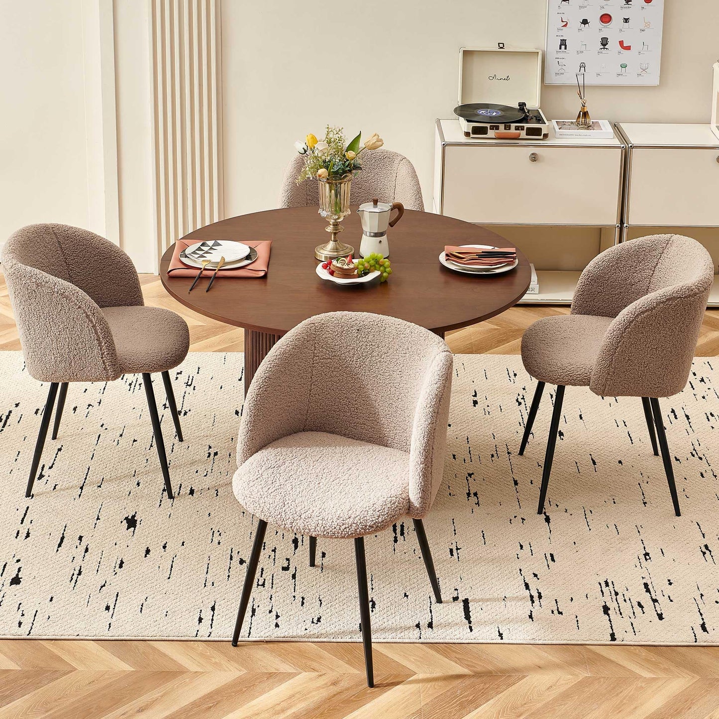 NORDICANA 5-Piece Wooden Round Dining Room Table and Chair Set, 47-Inch Kitchen Table with Barrel Chairs for 4, Brown Upholstered Sherpa Dining Set, MDF Core with Walnut Finish