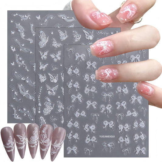 3 Sheets White Bow Ribbon Nail Art Stickers Pearl Lace Rhinestone Embossed Nail Decals Butterfly Pearl Design Self-Adhesive Nail Stickers Women's Nail Art Supplies