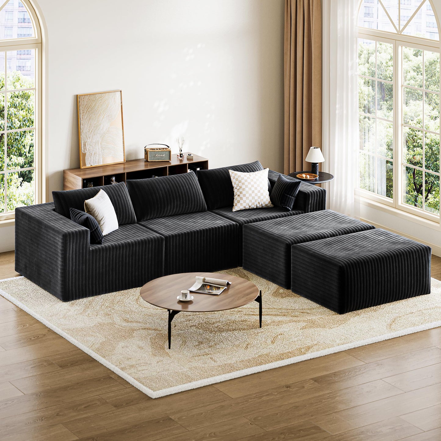CABZOON 110" Boneless Couches for Living Room Cloud Couch Modular Sectional Sofa with Deep Seat Plush Large Foam SofaU-Shape Sofa Couch,No Assembly Required, Black (Plush Corduroy Fabric)