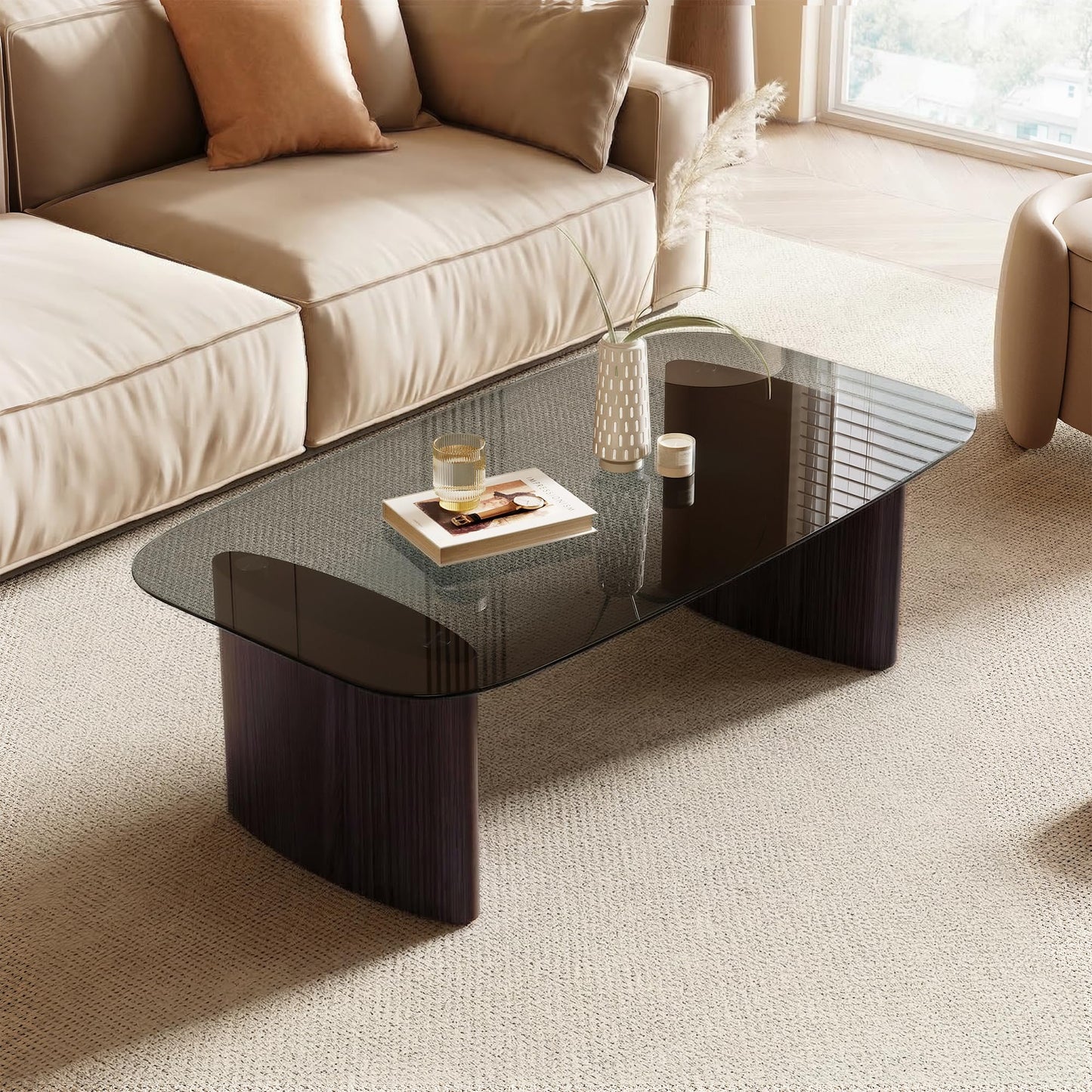 Modern Glass Coffee Table, Coffee Table for Living Room,Tempered Glass-top with Sturdy Wooden Base, Modern Coffee Tables for Small Space, Apartment, Office, Minimalist Design (Walnut)