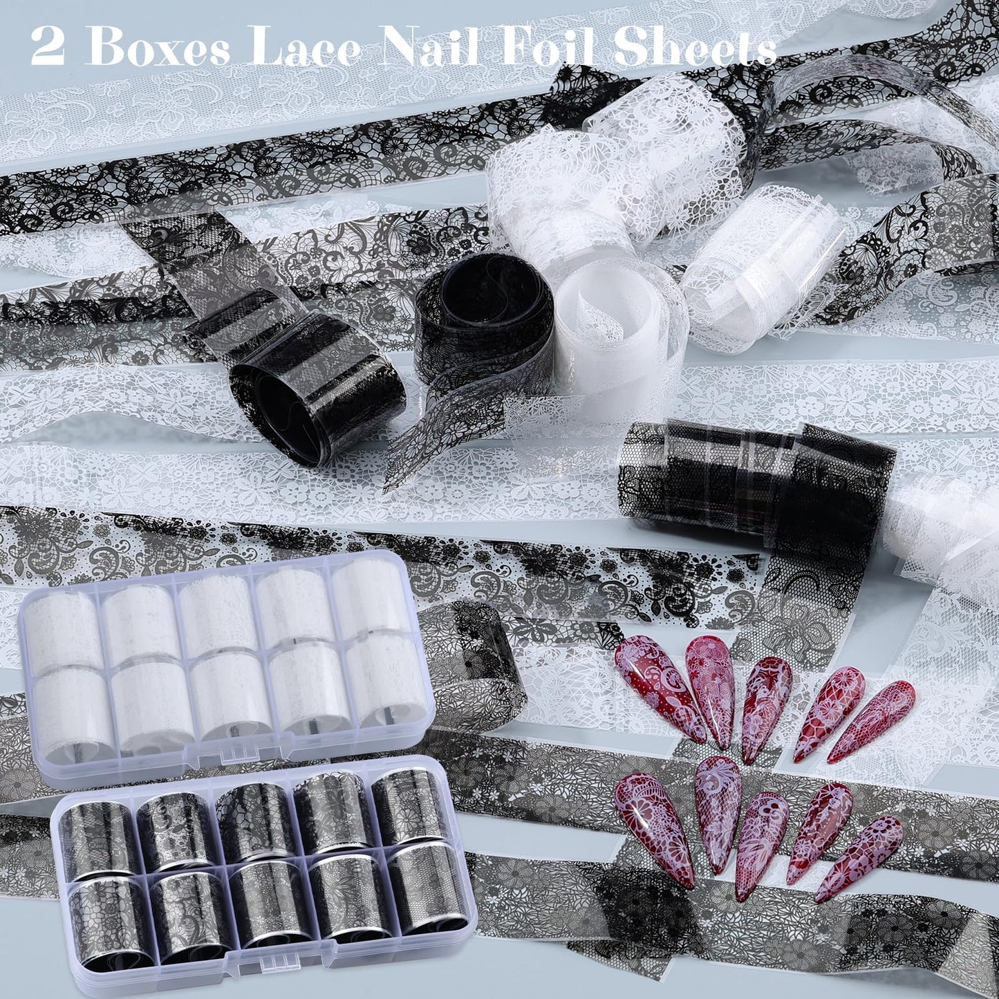 20 Rolls Lace Nail Foil Sheets, Black and White Flower Nail Transfer Foil, Nail Art Decals and Holographic Foils for DIY Acrylic Nails, Manicure Stickers and Nail Decoration for Women