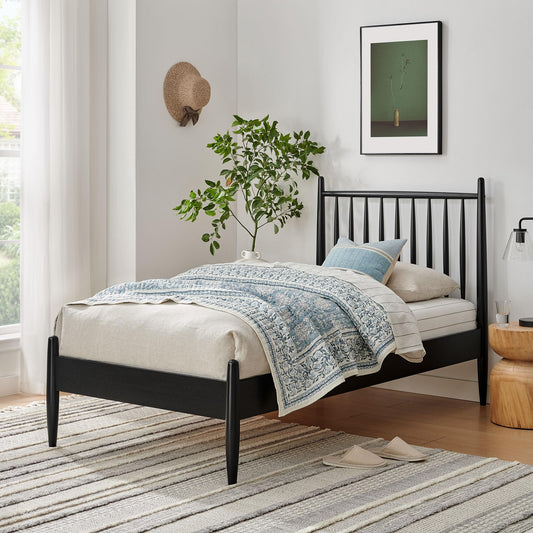 Modway Zane Twin Size Spindle Bed in Black – Solid Wood Platform Bed Frame with Headboard, No Box Spring Needed