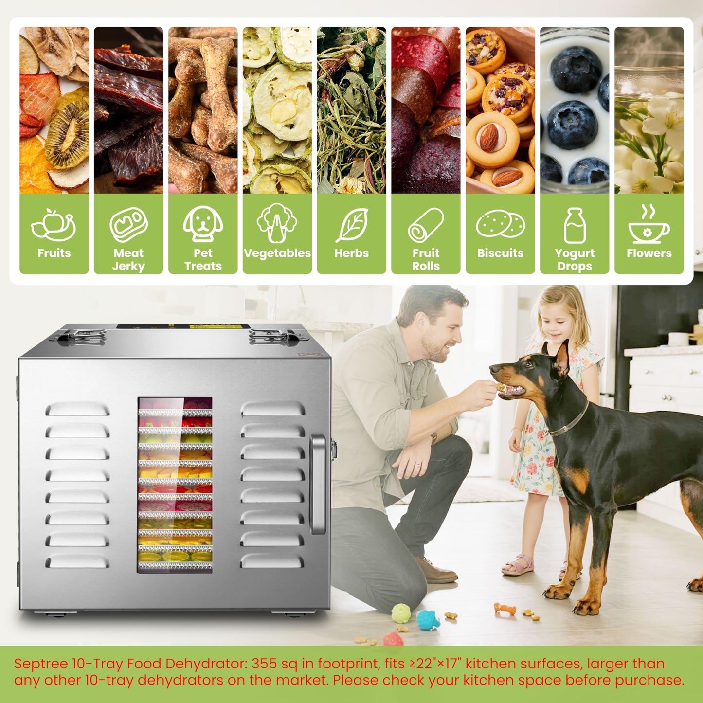 Commercial 10 Trays Food Dehydrator Machine for Jerky and Herbs Usable Area up to 24.65ft² and 194℉ Temperature 1000W Detachable Stainless Steel Dryer for Meat Fruit Mushrooms Beef Food Silvery