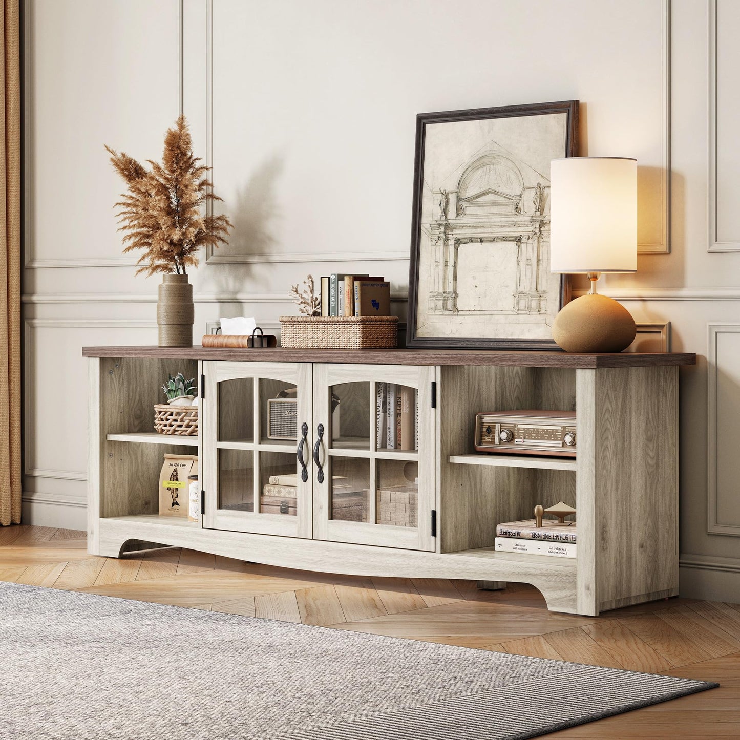 LINSY HOME TV Stand for 75 Inch TV, Modern Farmhouse Entertainment Center with Storage Cabinets and Glass Doors, Tall Media Console Table for Living Room, Bedroom, Large Long Television Stand, Beige