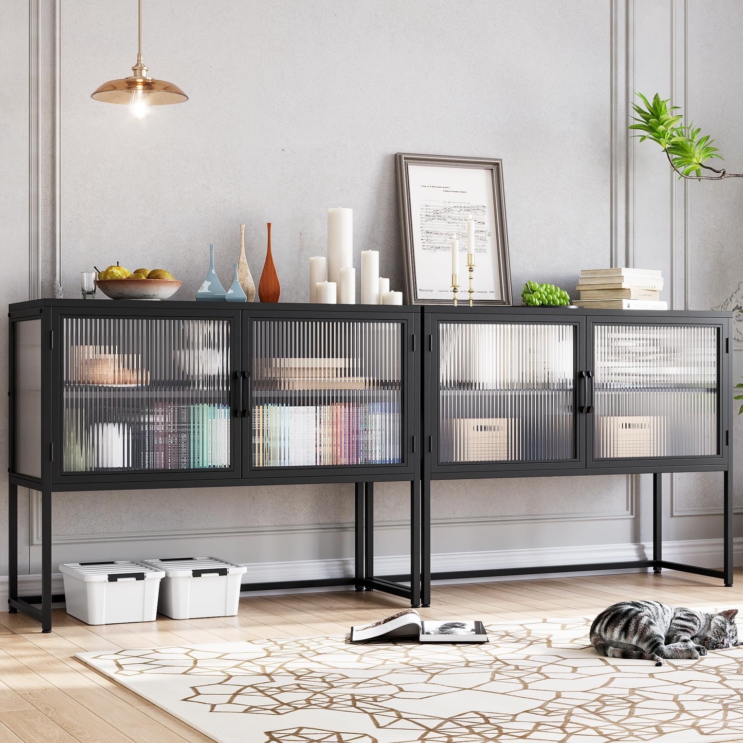 GAOMON Buffet Cabinet with Glass Doors, Sideboard Cabinet with Adjustable Shelves, Freestanding Glass Doors Storage Cabinet for Kitchen, Living Room, Dining Room, Black