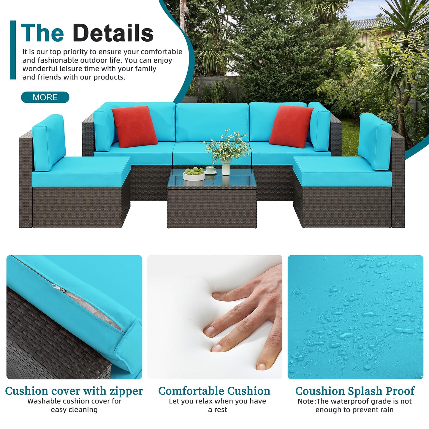 Shintenchi 6 Pieces Patio Furniture Sets Outdoor All-Weather Sectional Patio Sofa Set PE Rattan Manual Weaving Wicker Patio Conversation Set with Glass Table&Ottoman Cushion and Red Pillows, Blue
