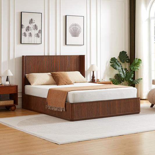 KEIKI Queen Bed Frame with 44" Tall Fluted Headboard, Natural Walnut Platform Bed Frame, Modern Wood Bed Frame with Solid Slats, No Box Spring Needed, Noise-Free, Easy Assembly