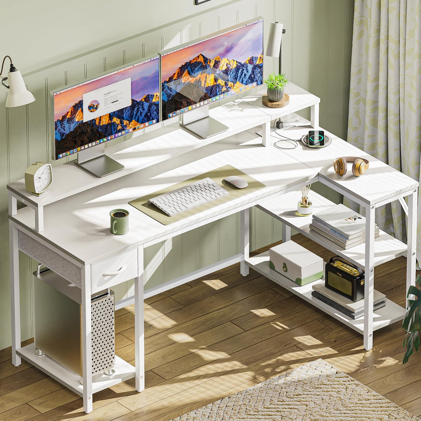 SUPERJARE 53 inch Reversible L Shaped Desk with LED Lights & Power Outlets, Computer Desk with Shelves & Monitor Stand, Gaming Desk with Drawer, Home Office Desk Corner Desk, PU White Drawer