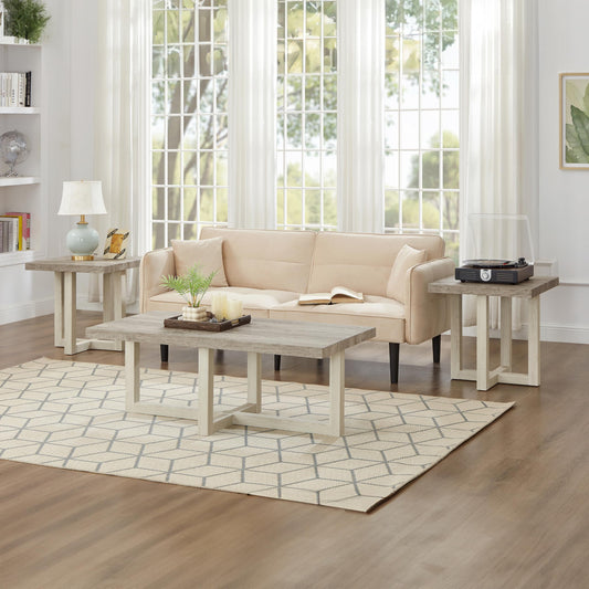 Roundhill Furniture Luno 3-Piece Coffee Table Set, Coffee Table and Two End Tables, Weathered Gray and Beige