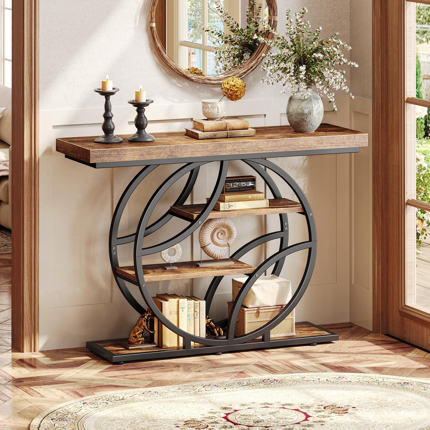 Huuger Modern Console Table, 41.3 Inch Sofa Table with Artistic Curved Metal Frame, Narrow Entryway Table for Hallway, Living Room, Behind Couch, Rustic Brown