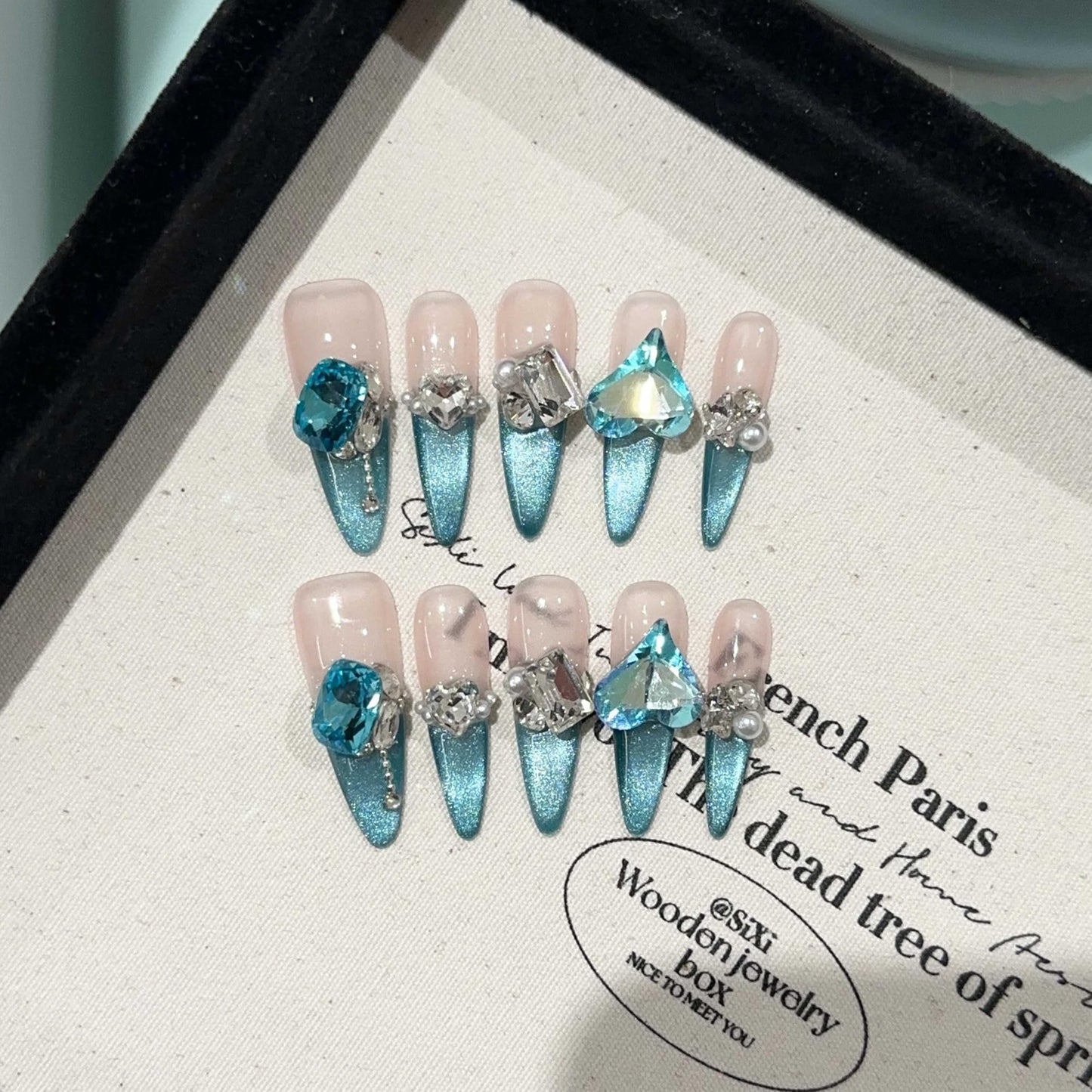 GLORS Luxury Long Stiletto Press-On Nails, Turquoise Blue Stiletto with 3D Crystals and Pearls, Handmade False Nail 10 Pieces (Medium, LS)