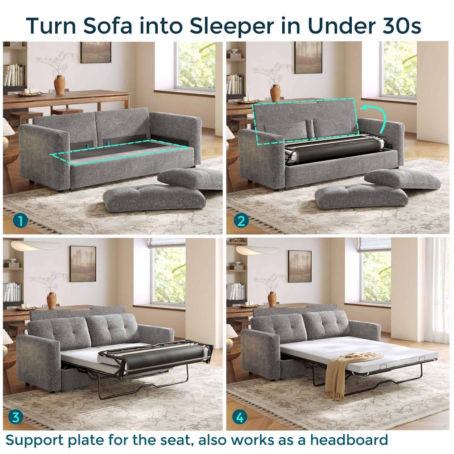 LINSY Oversized Sectional Sleeper Sofa 152" Pull Out Bed and Storage Chaise, Convertible Sofa Bed with Memory Foam Topper, Comfy U Shaped Modular Couches for Living Room Apartment Dorm Room, Grey