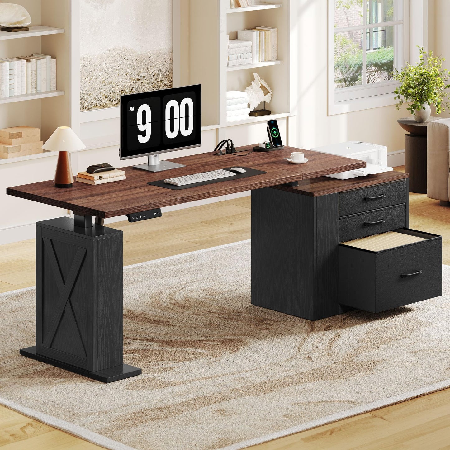 Homiflex 75.5 Inches Electric Standing Desk with Drawers Farmhouse Sit Stand Desk with Storage Adjustable Height Computer Desk with Power Outlets Printer Space for Home Office Black and Walnut