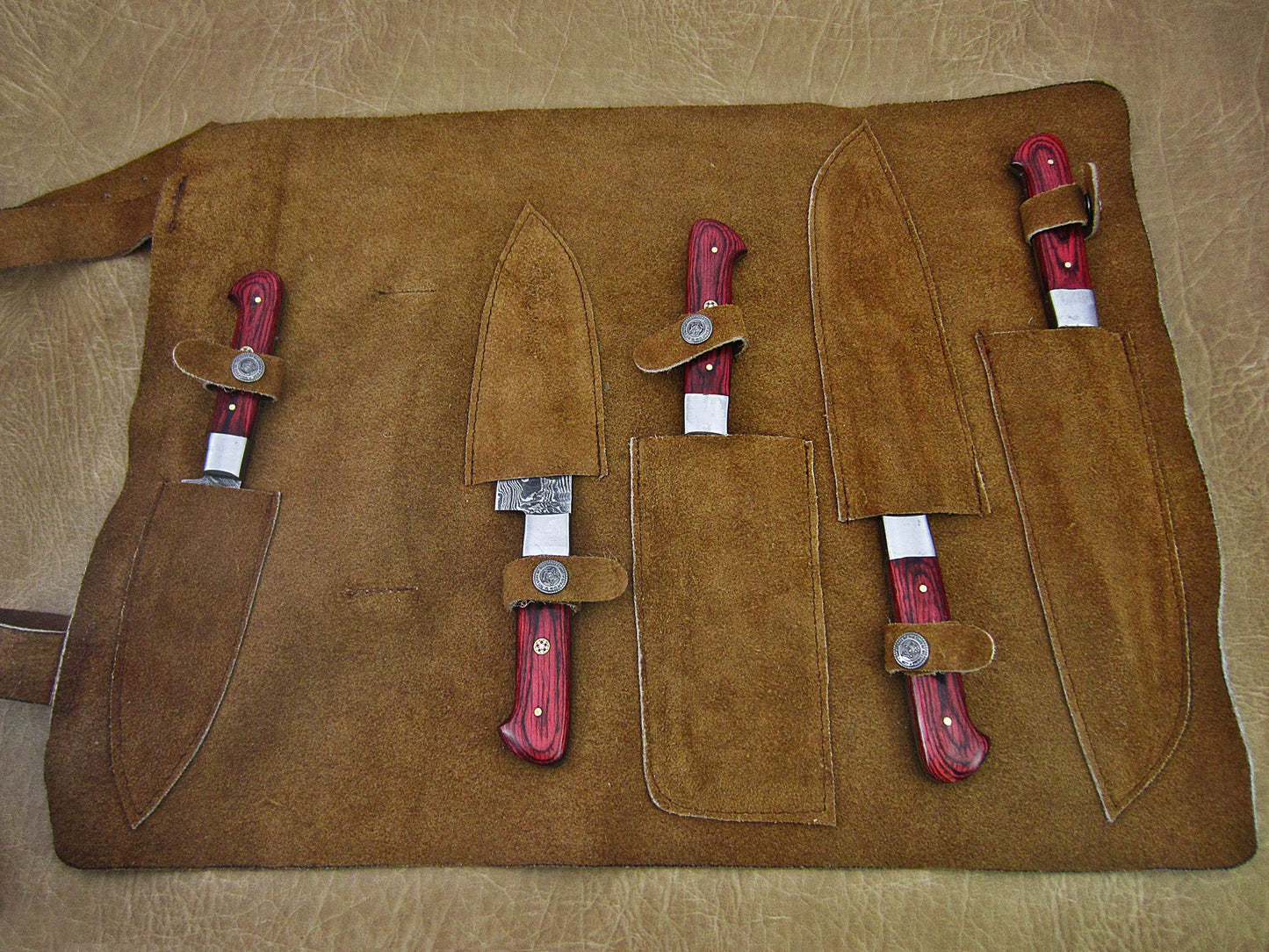 5 Pieces Damascus Steel Hammered Kitchen Knife Set, 2 Tone Wine Wood Scale, 54 inches Long Sharp Knives, Custom Made Hand Forged Hammered Damascus Steel Blade, Goat Suede Roll Leather Sheath