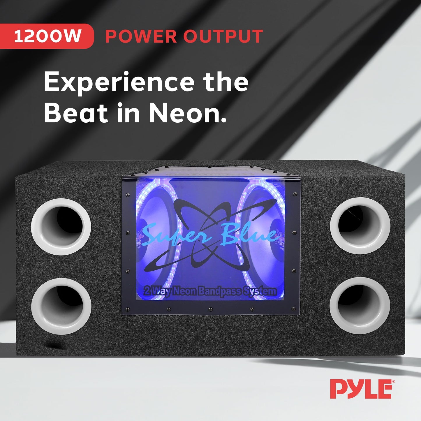 12" 1200W Car Audio Subwoofer - 2 Way Neon Bandpass Speaker System w/Blue Lights, DC 12V Input/4 Ohm/32Hz-1KHz Freq.Res w/Plexi-Glass Front Window & Silver Polypropylene Cone
